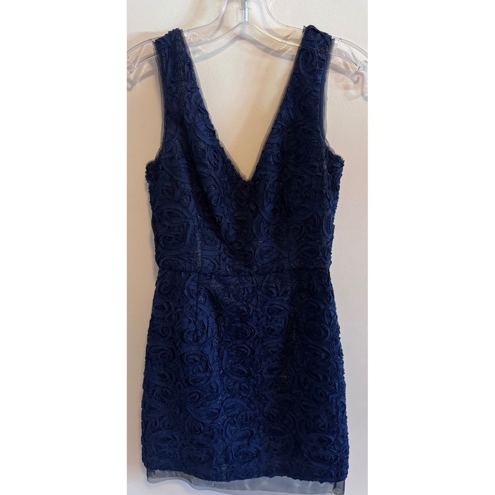 BCBGMAXAZRIA Navy Rosette V-Neck Cocktail Mini Dress Size 2 Shimmer Tulle